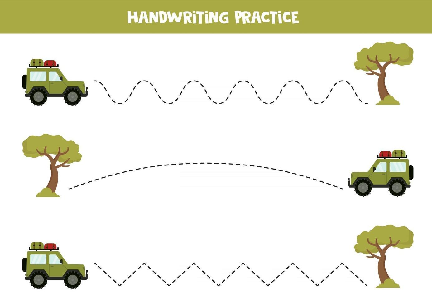 Tracing lines with utility car and safari tree. Game for kids. vector