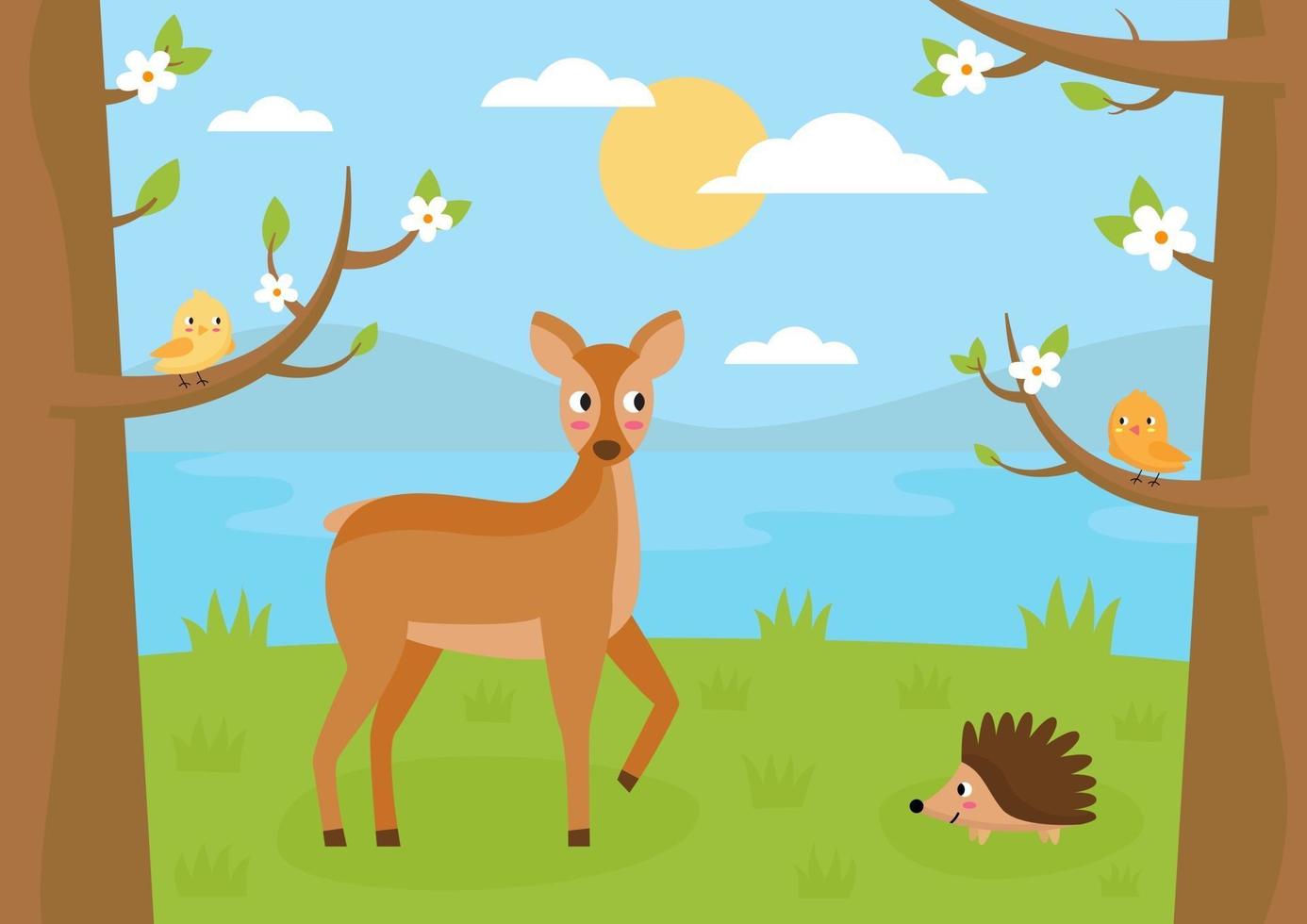 Forest landscape in summer. Cartoon roe deer, hedgehog and birds. vector