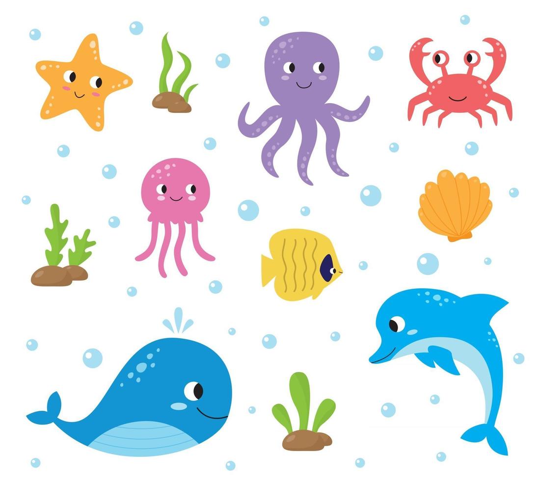 Set of cute cartoon sea animals. Underwater life. vector