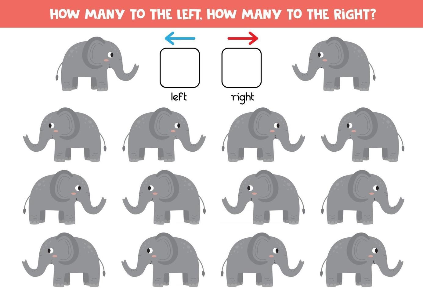 hoja de trabajo educativa para niños. izquierda o derecha con lindos elefantes de dibujos animados. vector
