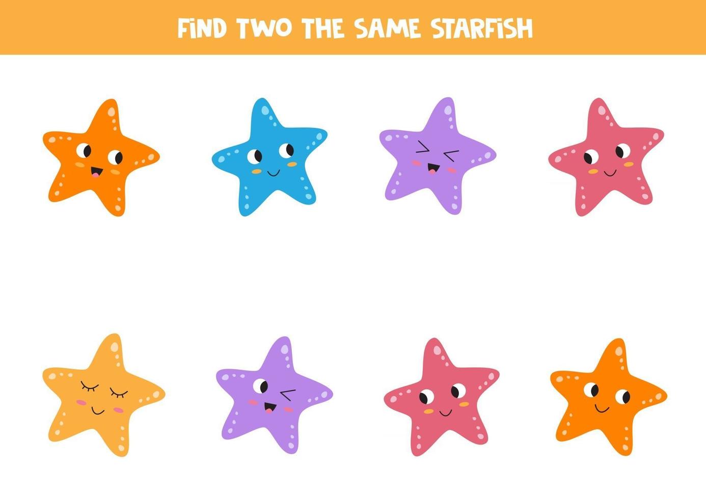 Educational game for kids. Find two identical starfish. vector