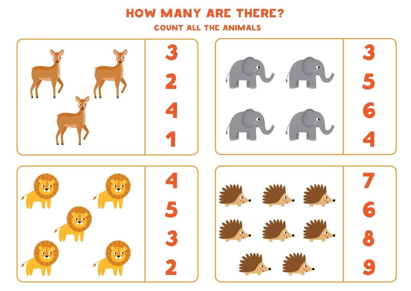 Counting game for kids. How many wild animals are there. vector