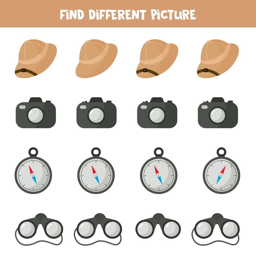 Find object which is different from others. Safari trip equipment. vector