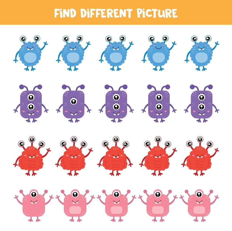 Find monster which is different from others. Logical game for kids. vector