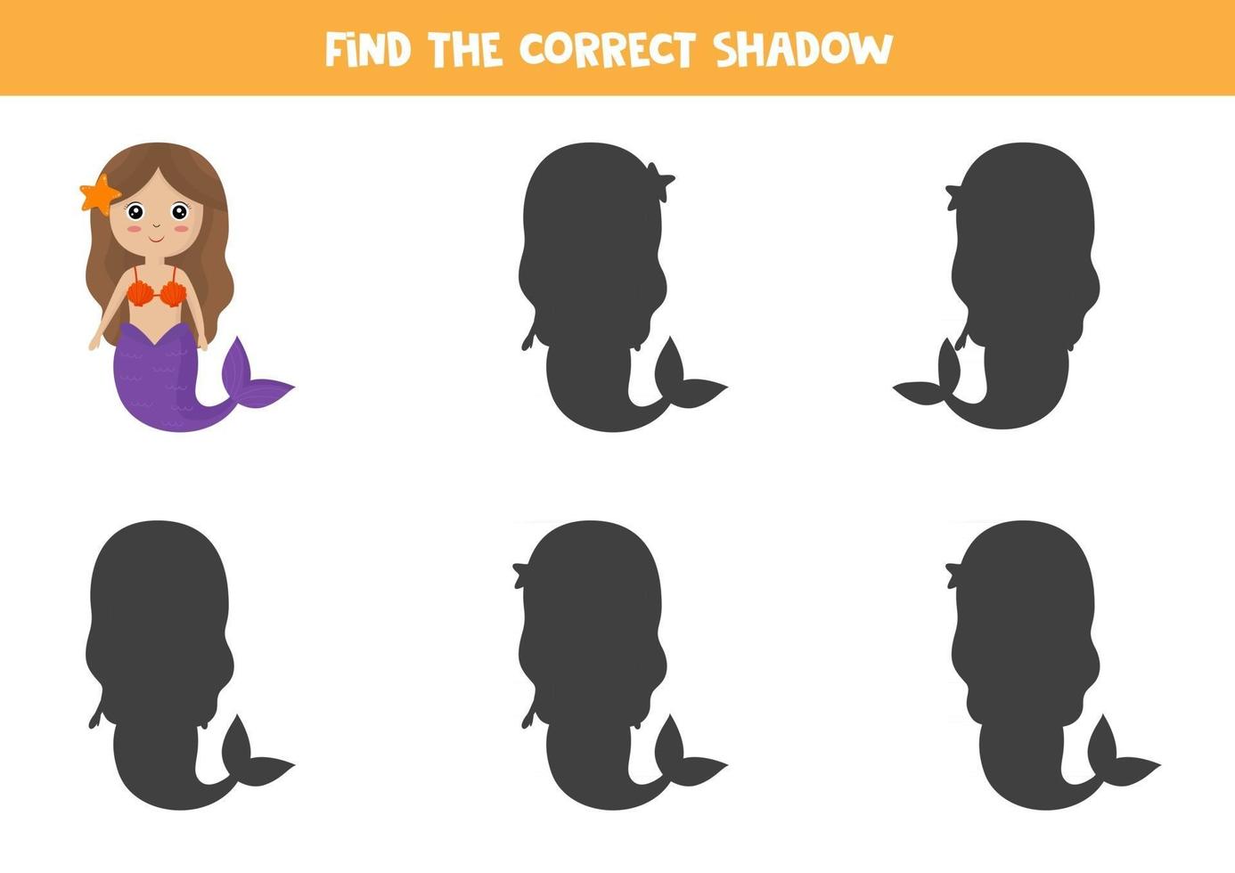 Find the correct shadow of mermaid. logical game for kids. vector