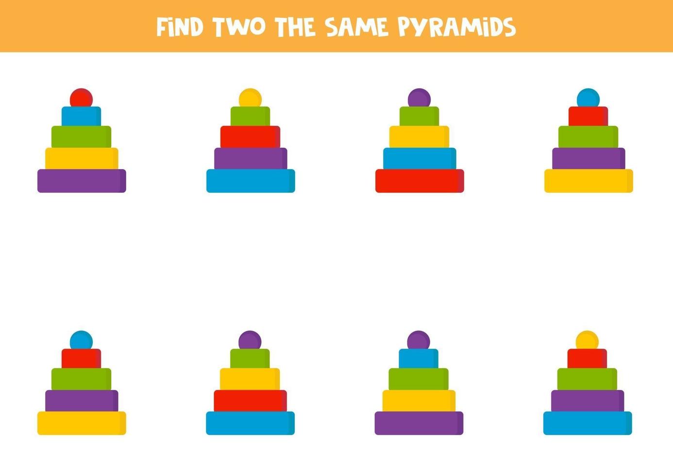 Find two identical toy pyramids. Logical educational worksheet for kids. vector