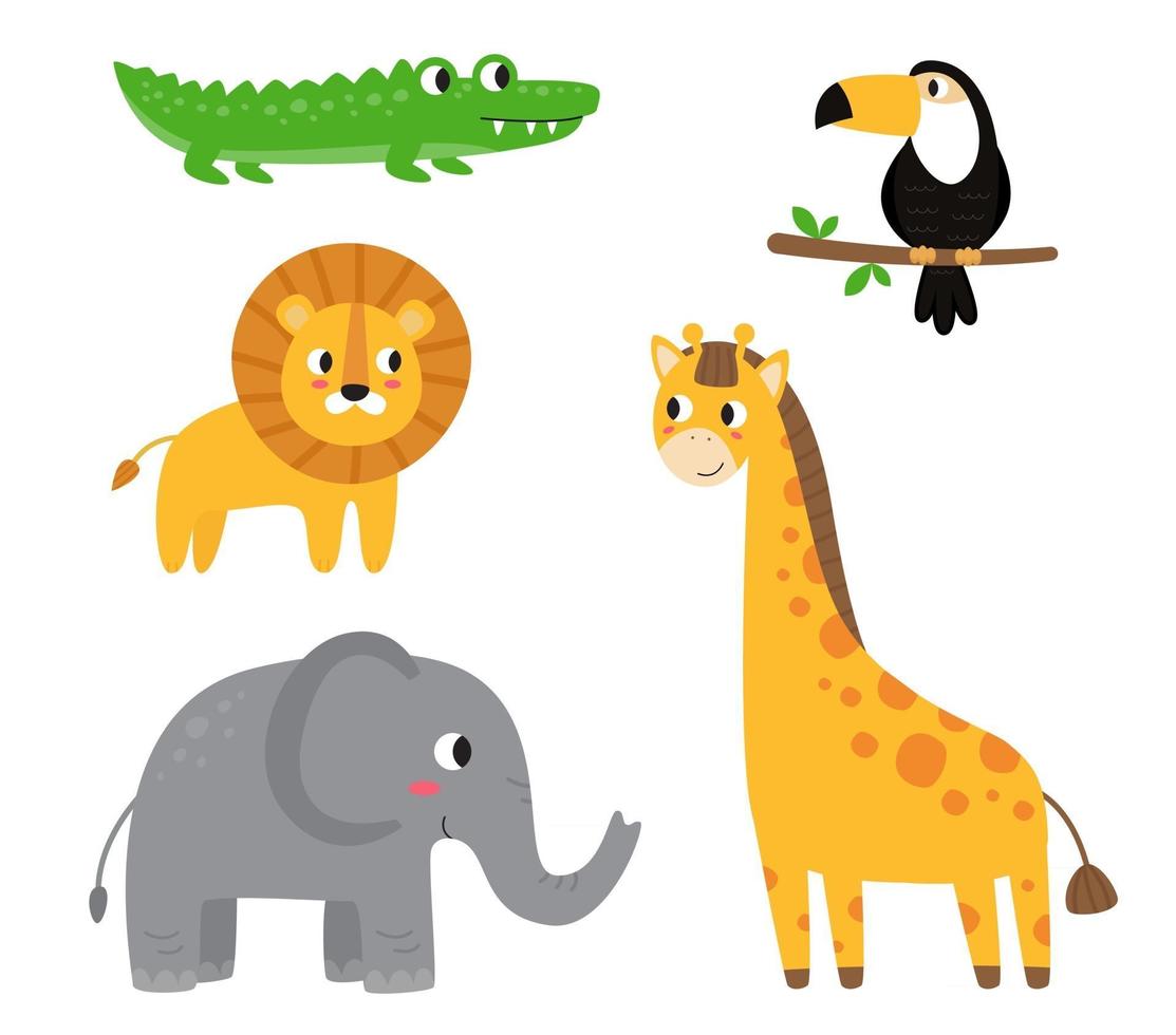 Collection of cute cartoon African animals on white background. vector