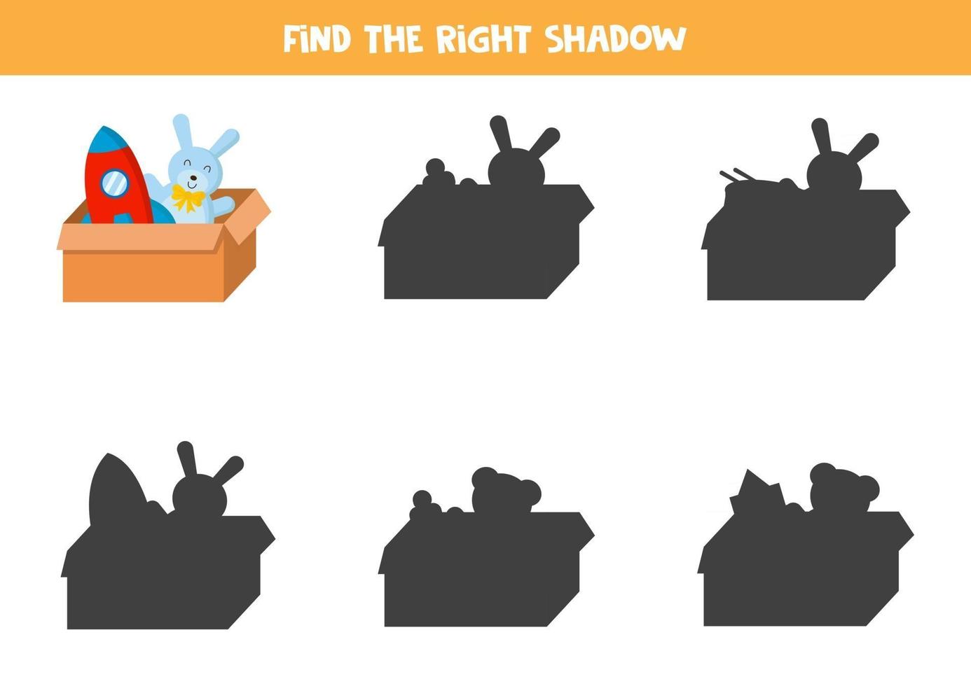 Educational game for kids. Find the right shadow of toy box. vector