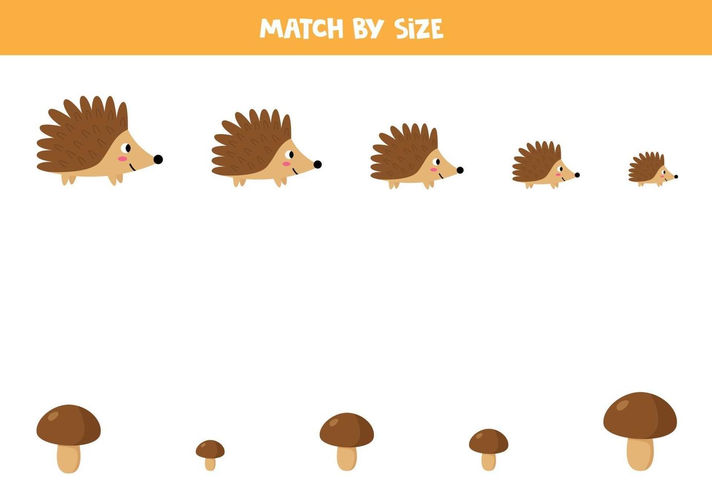 Match by size. Cute cartoon hedgehog and mushrooms. vector