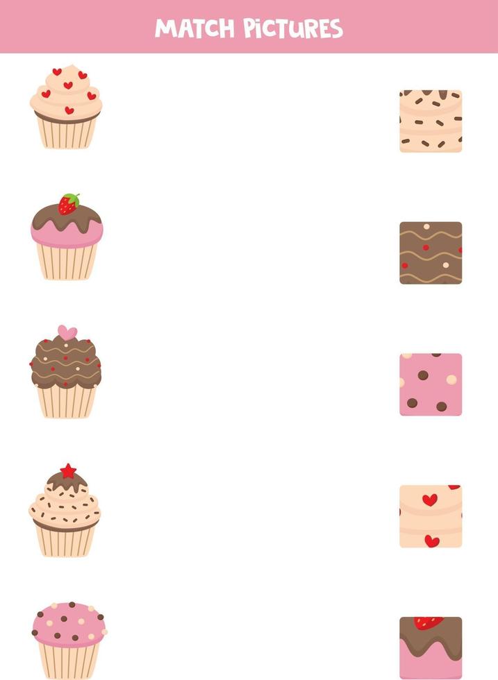 juego de correspondencias para niños en edad preescolar. lindos muffins y sus patrones. vector