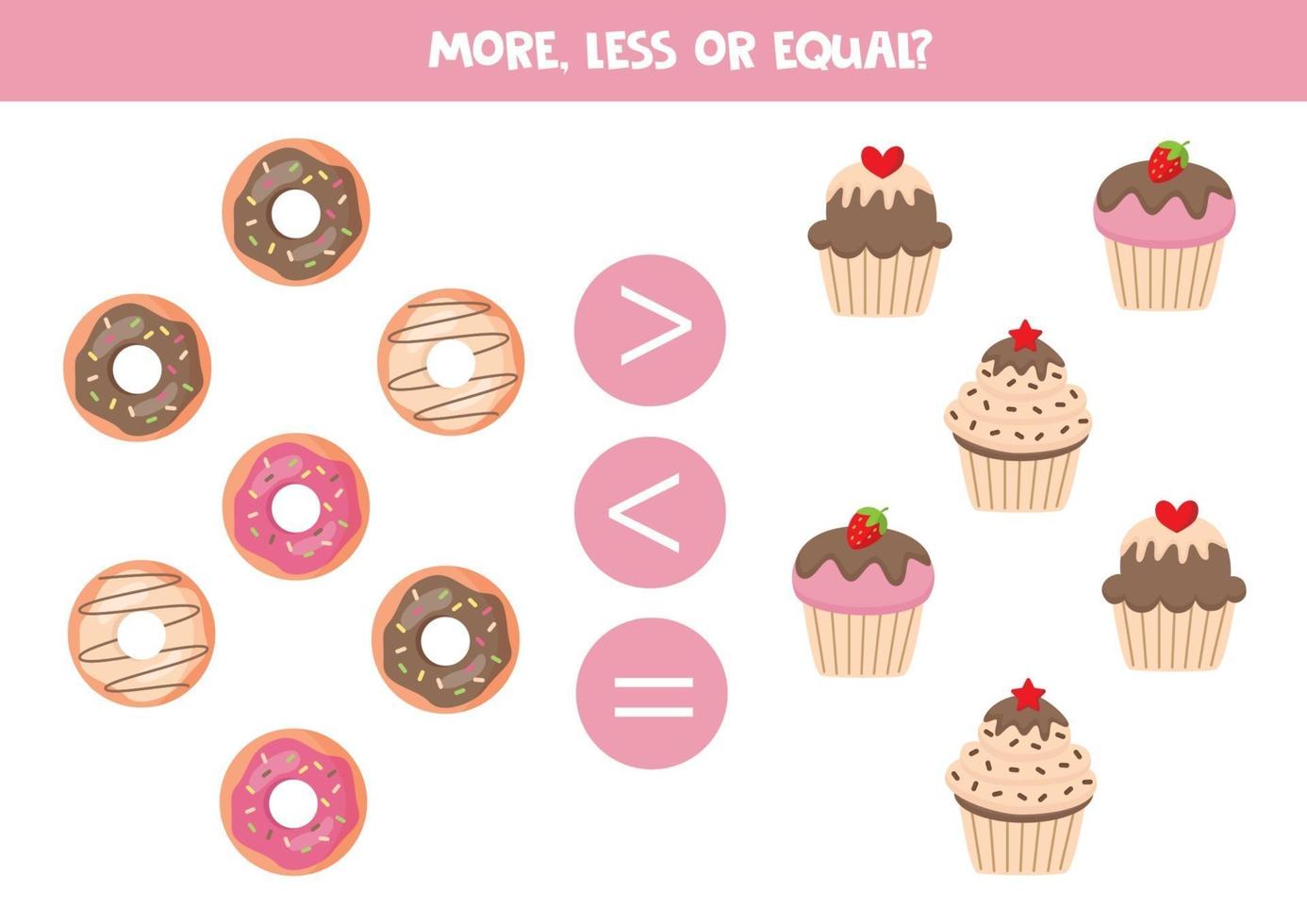 juego de matemáticas para niños. compare el número de muffins y donas. vector