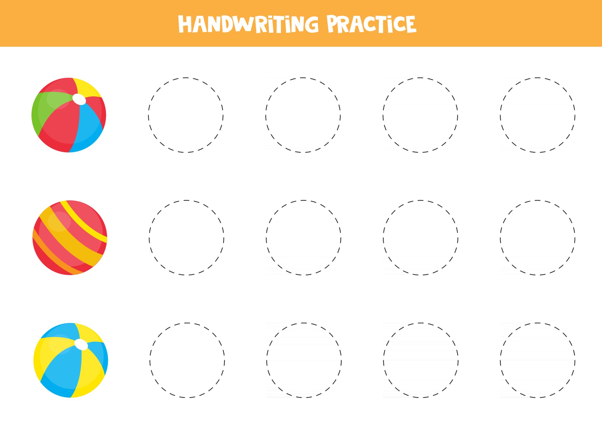 Trace the outlines of colorful toy balls. Educational worksheet for