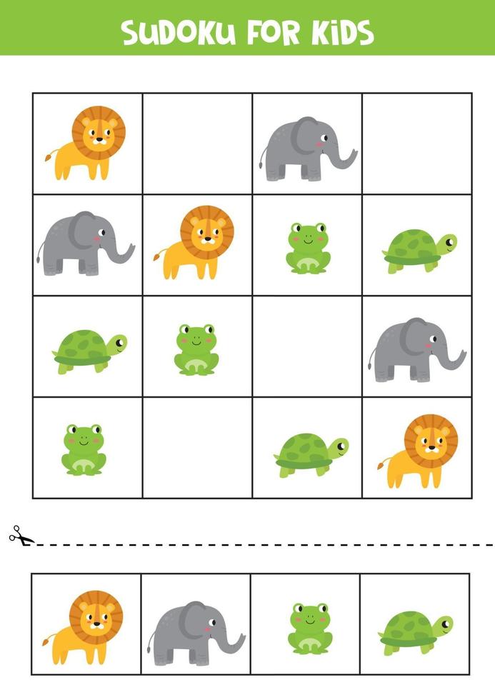 Sudoku for kids. Cards with elephant, lion, turtle, frog. vector