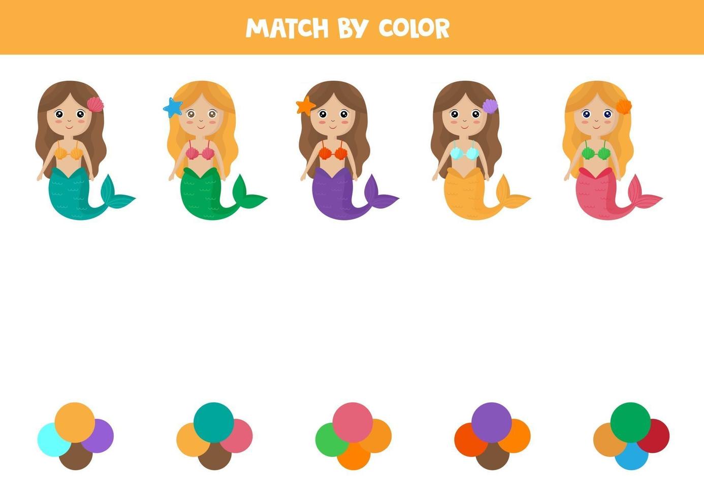 Color sorting for preschool children. Match mermaid and colors. vector