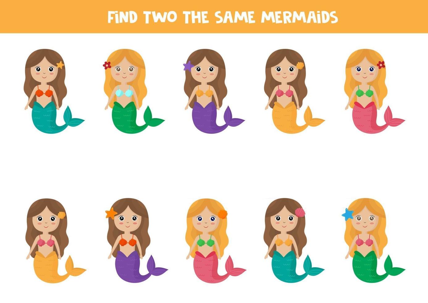 Find two identical mermaids. Educational game for kids. vector