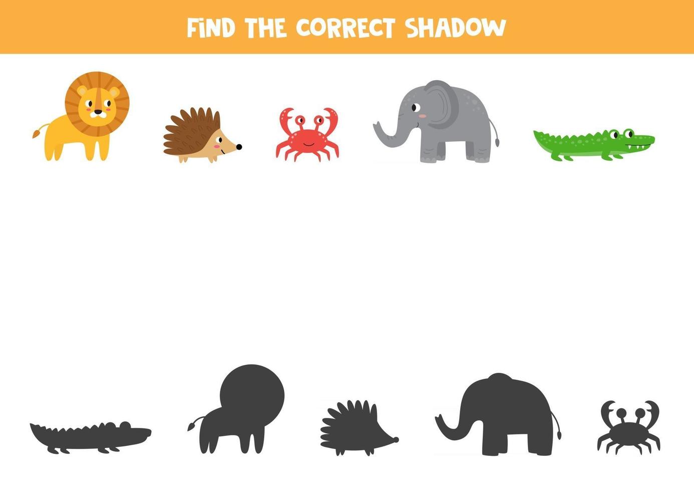 Find the right shadow of animals. Cute cartoon animals set. vector