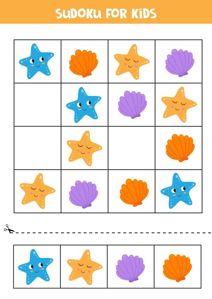 juego de sudoku para niños en edad preescolar. concha y estrella de mar. vector