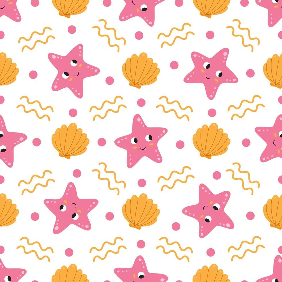Cute seamless pattern with starfish and seashells. vector