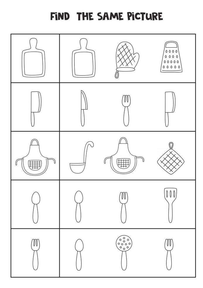 Find two the same kitchen tools. Black and white worksheet. vector