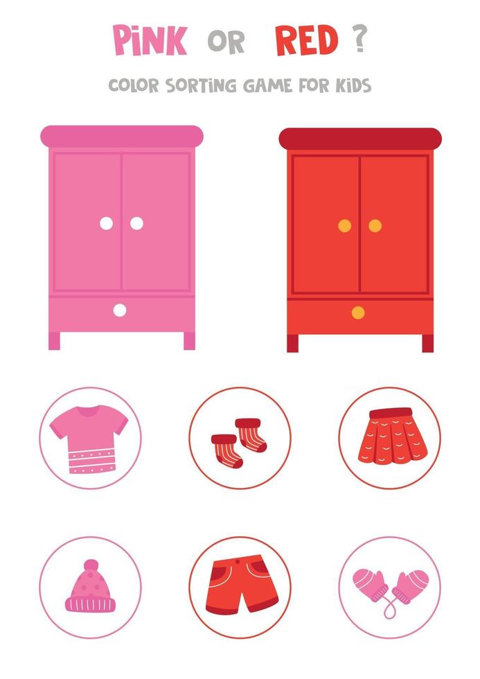 Color sorting game for kids. Sort clothes by color into the colorful wardrobes. Pink and red. vector