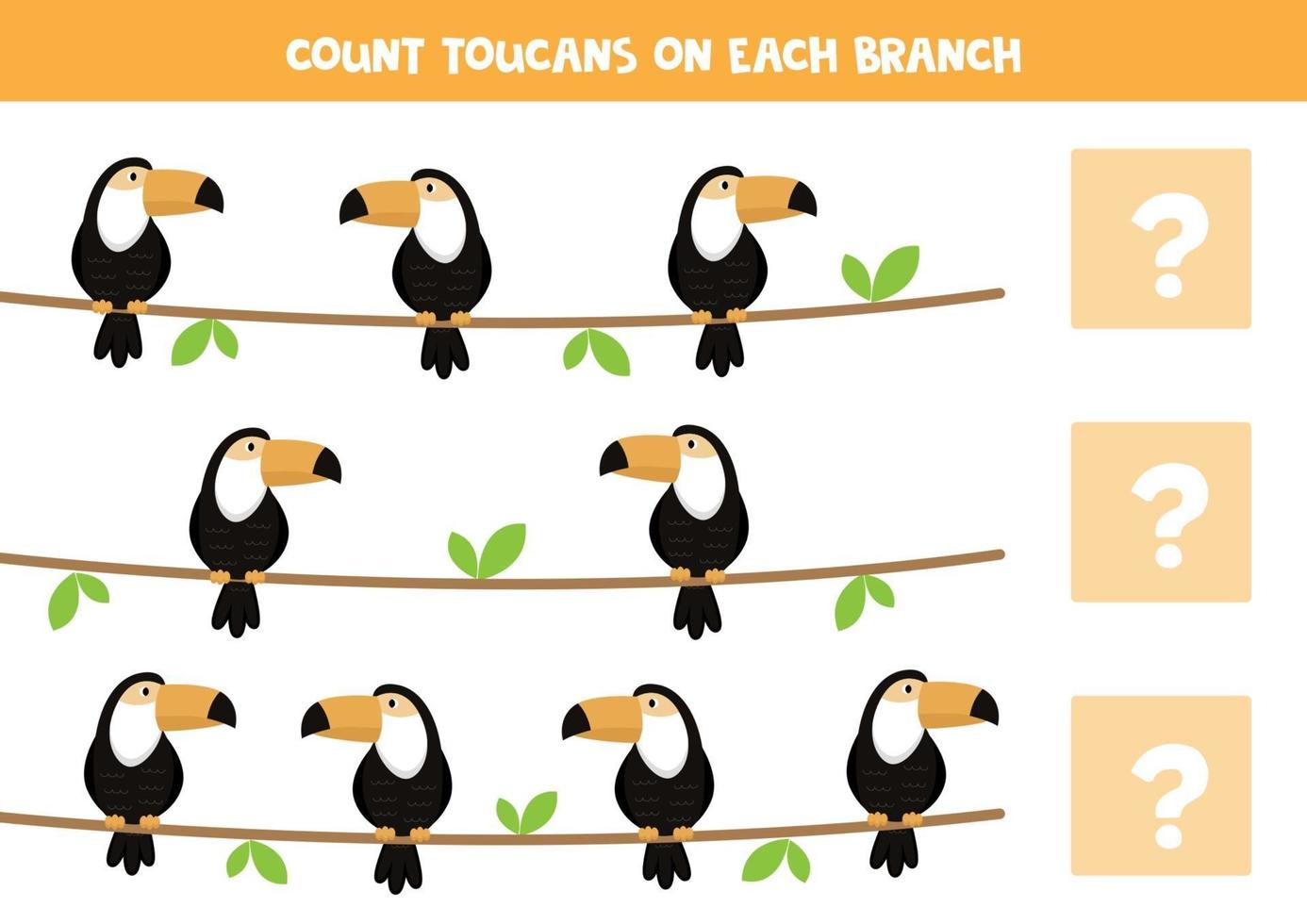 Counting game for children with cartoon toucans on branch. vector