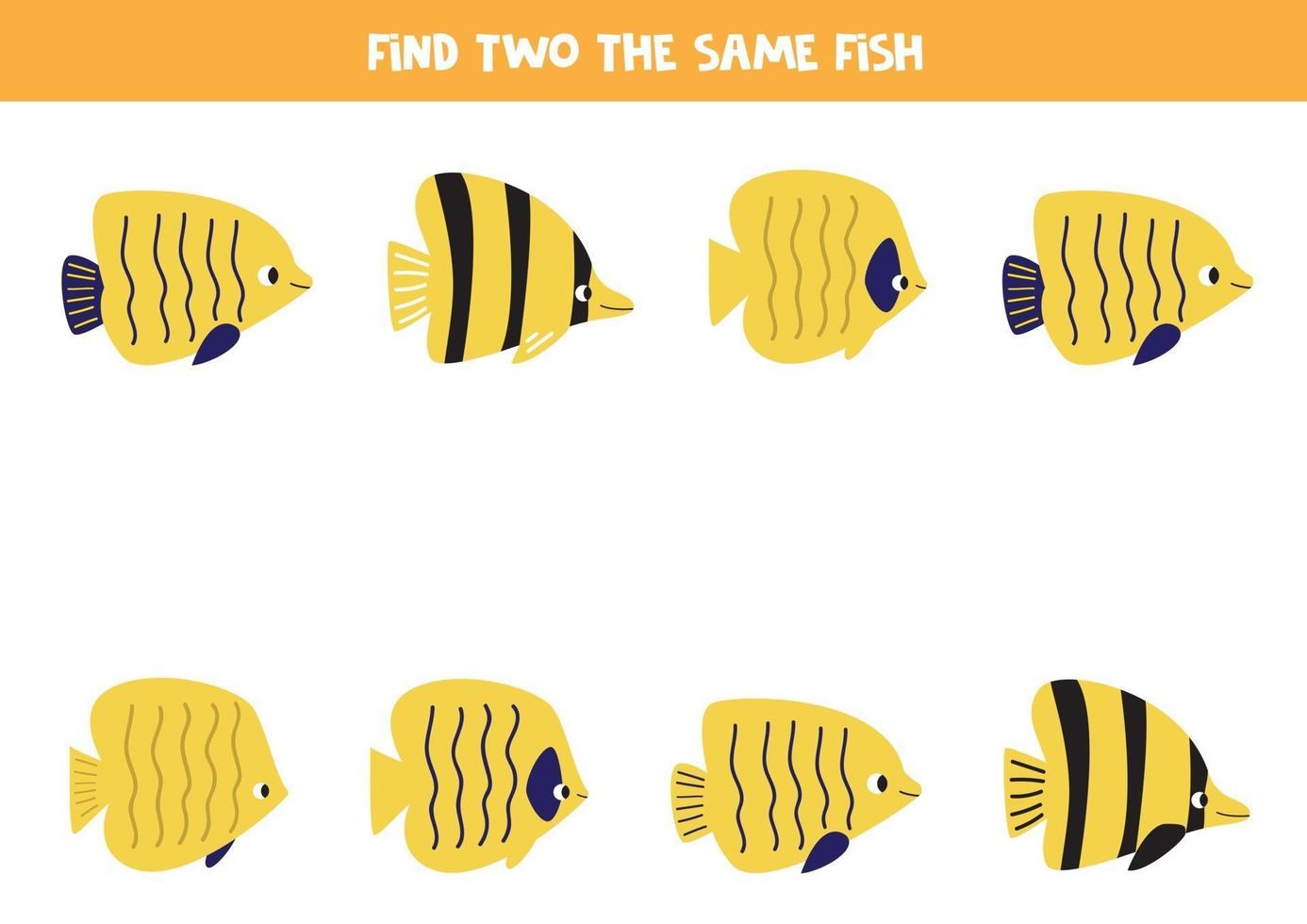 Educational game for children. Find two identical fish. vector