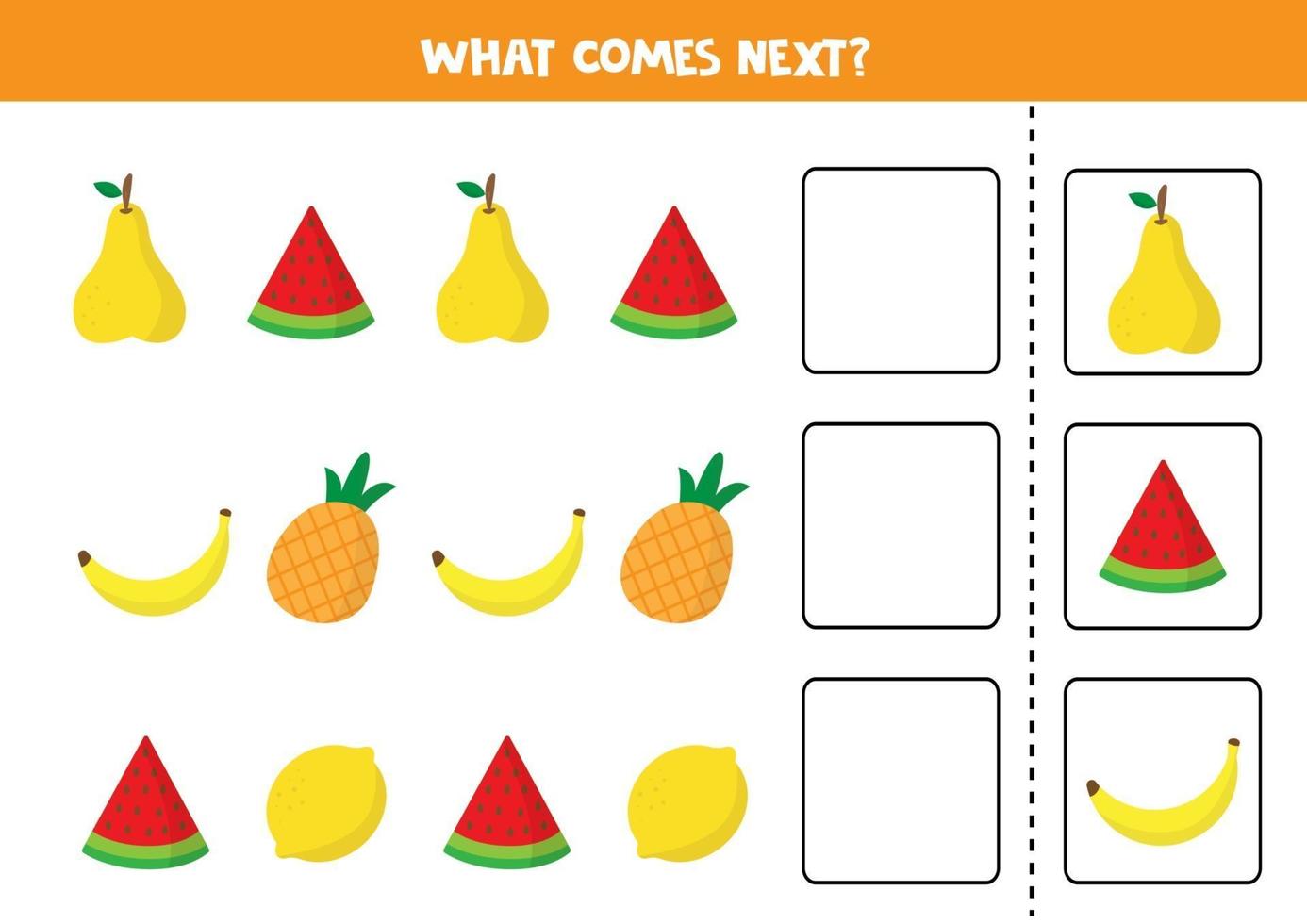 What comes next. Sequence game for children.  Set of colorful fruits. vector