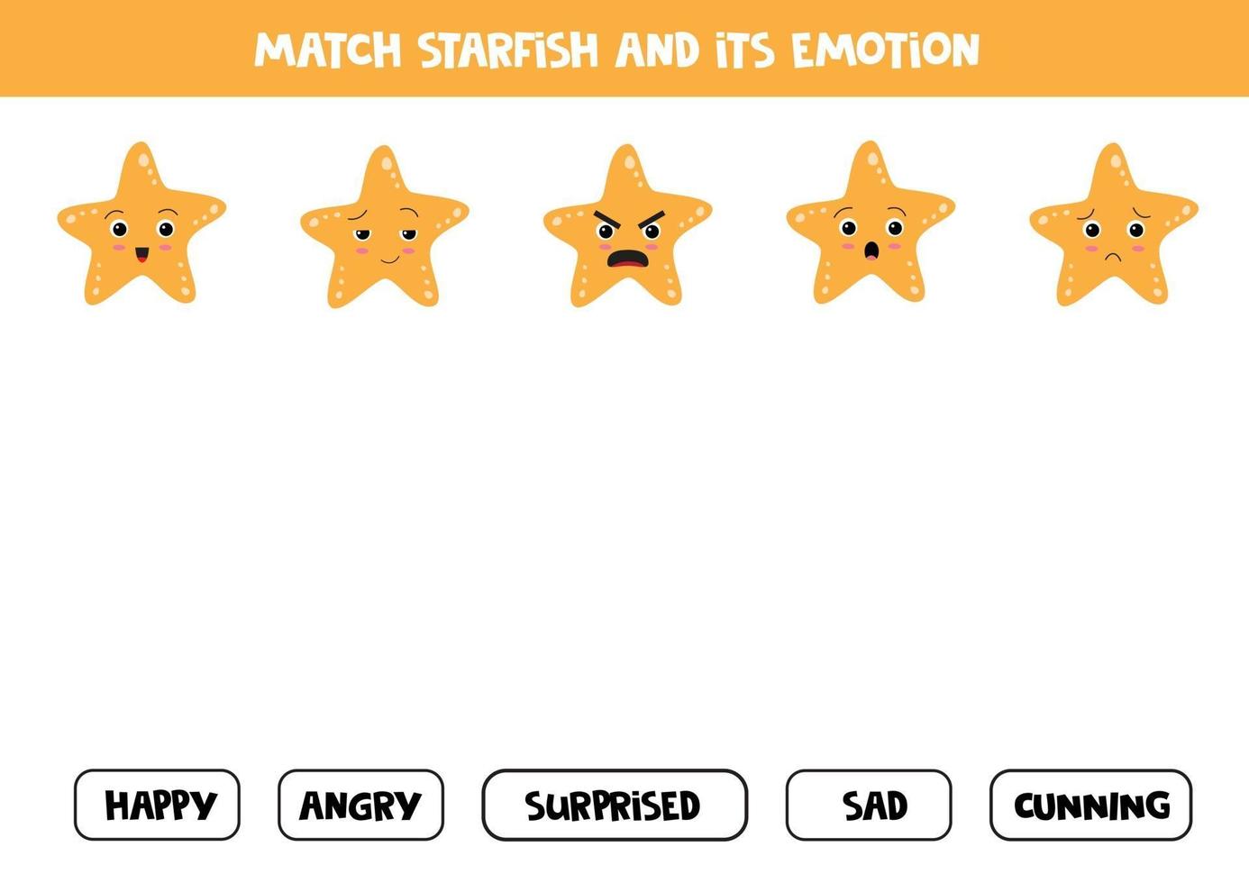 Learning emotions and feeling. Guess the emotions of sea starfish. vector