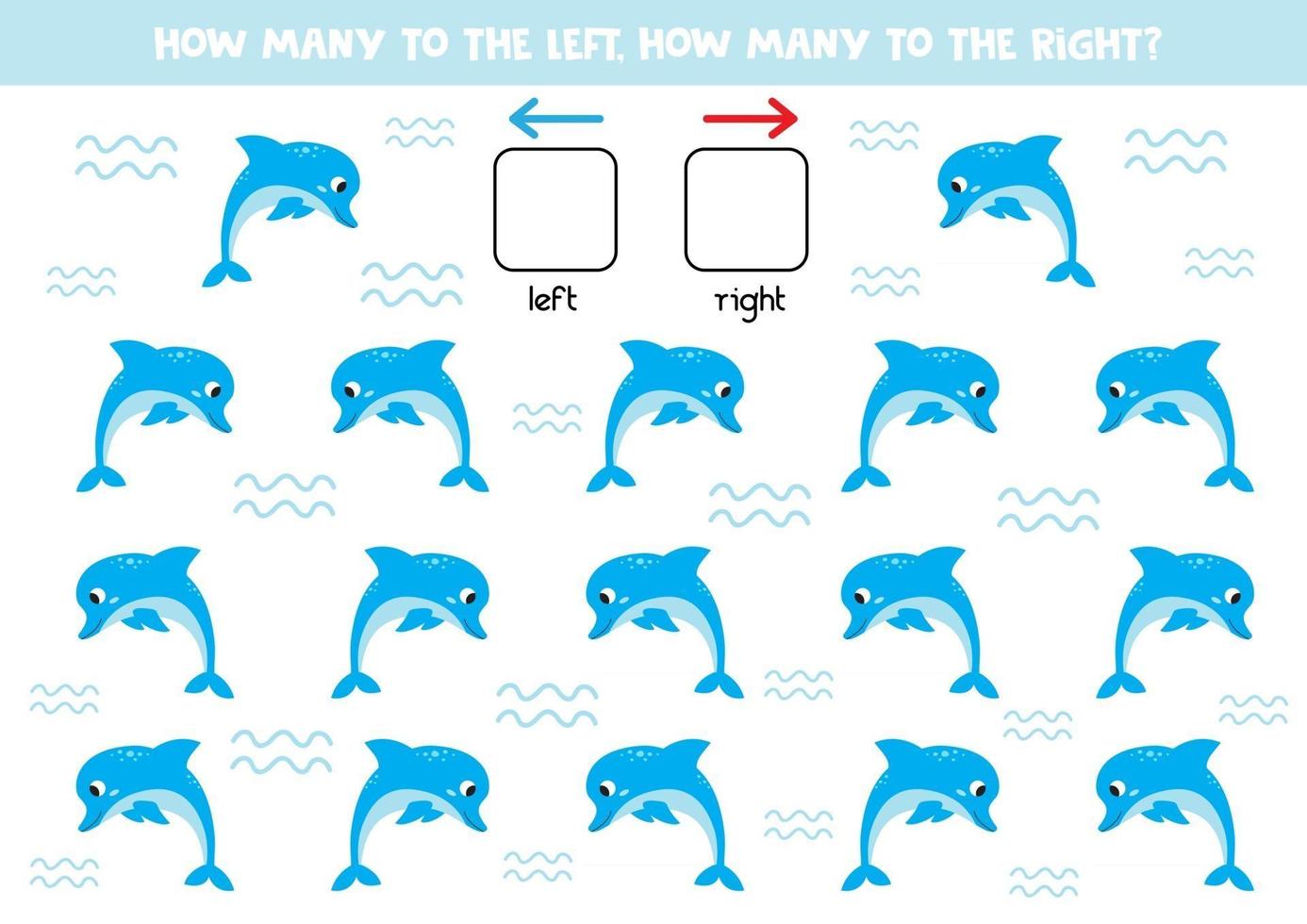Left or right. Orientation game for kids. Cute cartoon dolphins. vector