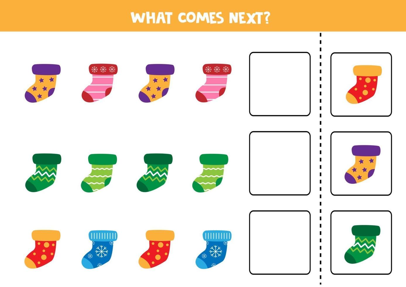 que viene despues. juego de secuencia para niños. conjunto de coloridos calcetines de invierno. vector