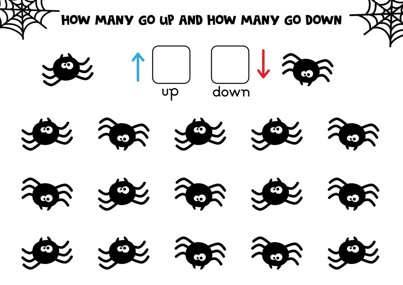 How many black spiders go up and down. Counting game for kids. vector