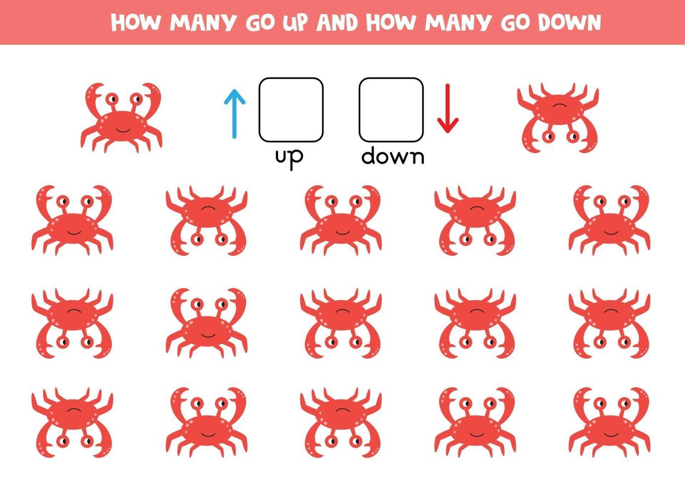 Spatial orientation for kids. Cute cartoon red crabs. Logical game. vector