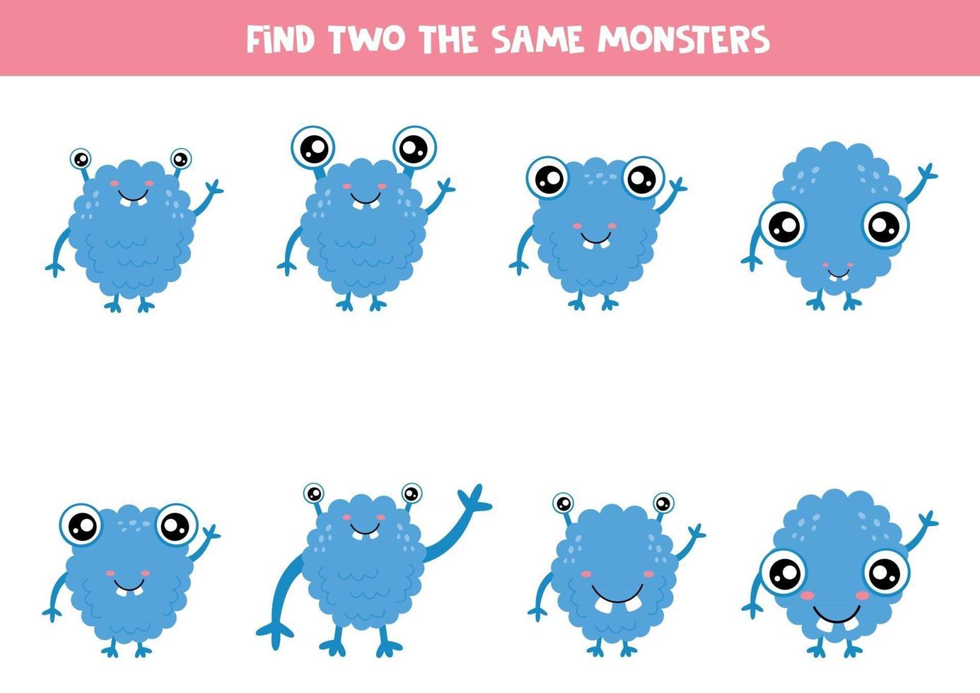 Find two the same cute cartoon monsters. Logical game for kids. vector