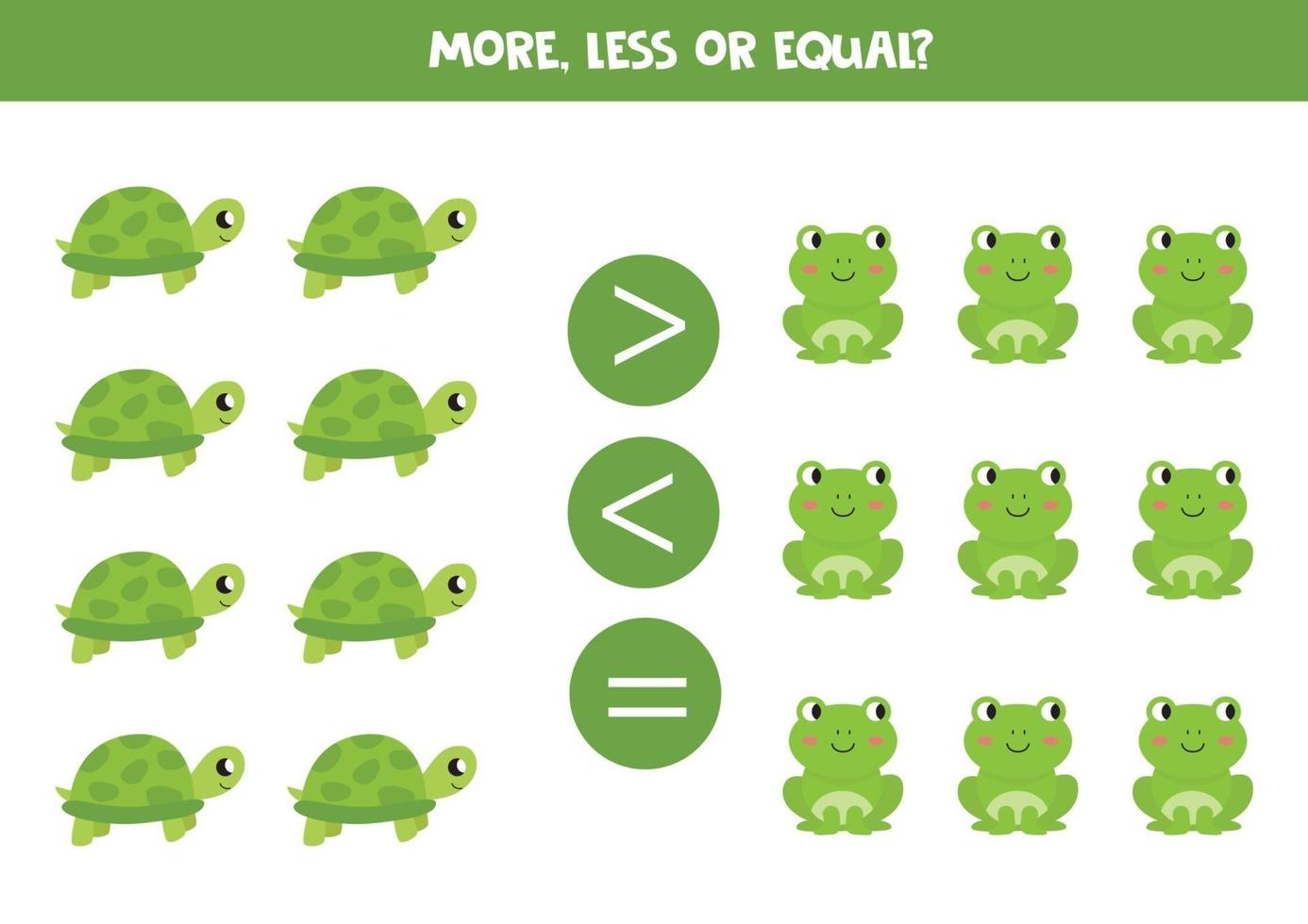More, less, or equal. Comparison for kids. Turtle and frog. vector