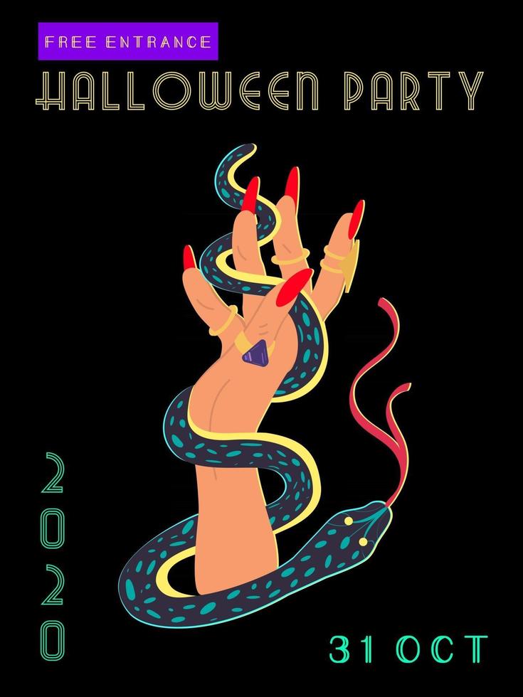 fiesta de halloween, invitación, folleto, cartel, diseño, plantilla. diseño de folletos de vacaciones para halloween. mano con una serpiente. ilustración vectorial plana vector