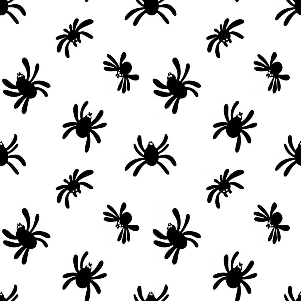 Seamless pattern of a black spider silhouette on a white background. Cute spider pattern. Design for printing, paper, packaging. Template Of Halloween. Vector stock illustration