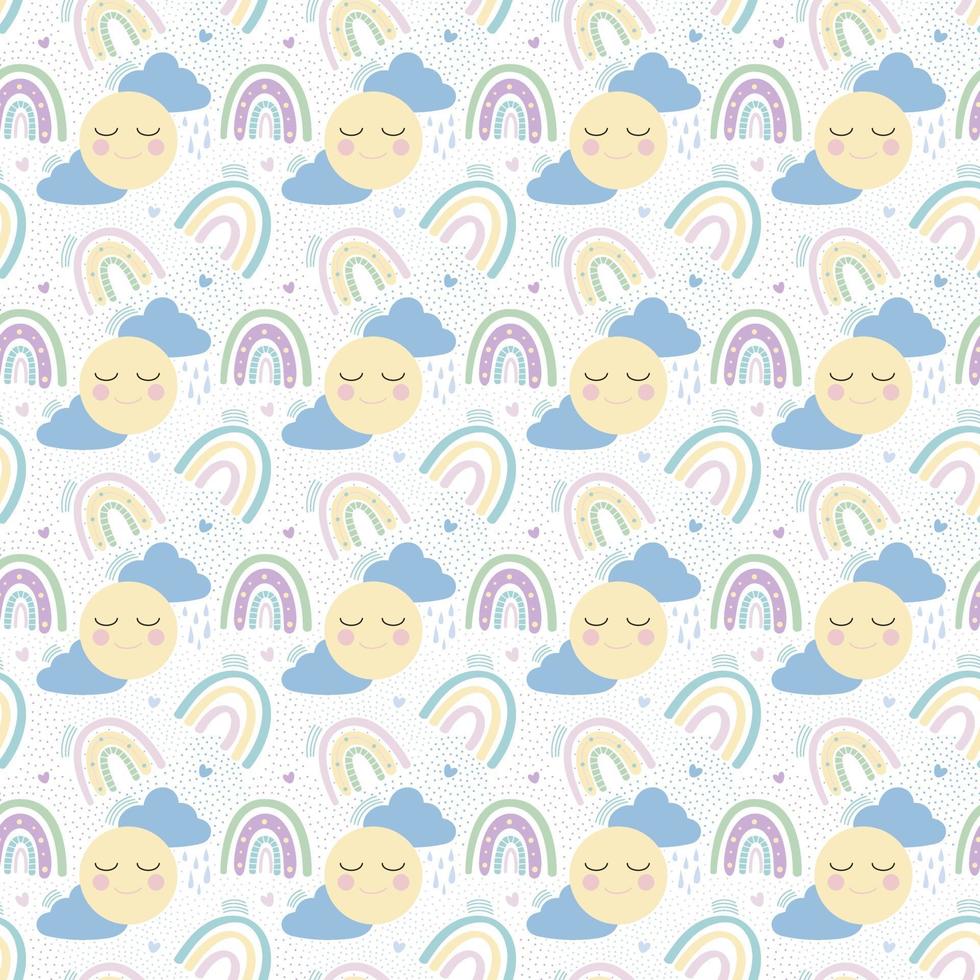 Rainbow with clouds, sun and hearts seamless pattern. Delicate childrens pattern. Design for textiles, paper, printing. Vector illustration