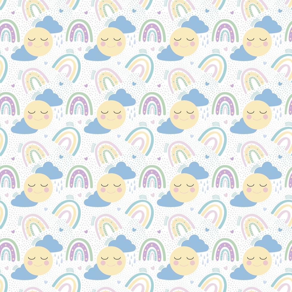 arco iris con nubes, sol y corazones de patrones sin fisuras. patrón delicado para niños. diseño para textiles, papel, imprenta. ilustración vectorial vector