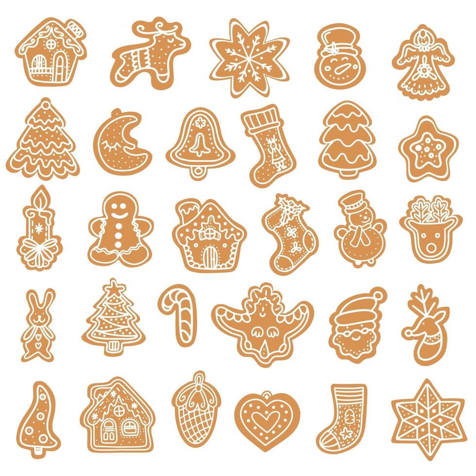 Collection of vector illustrations of graphic icons of traditional Xmas gingerbread cookies of various shapes