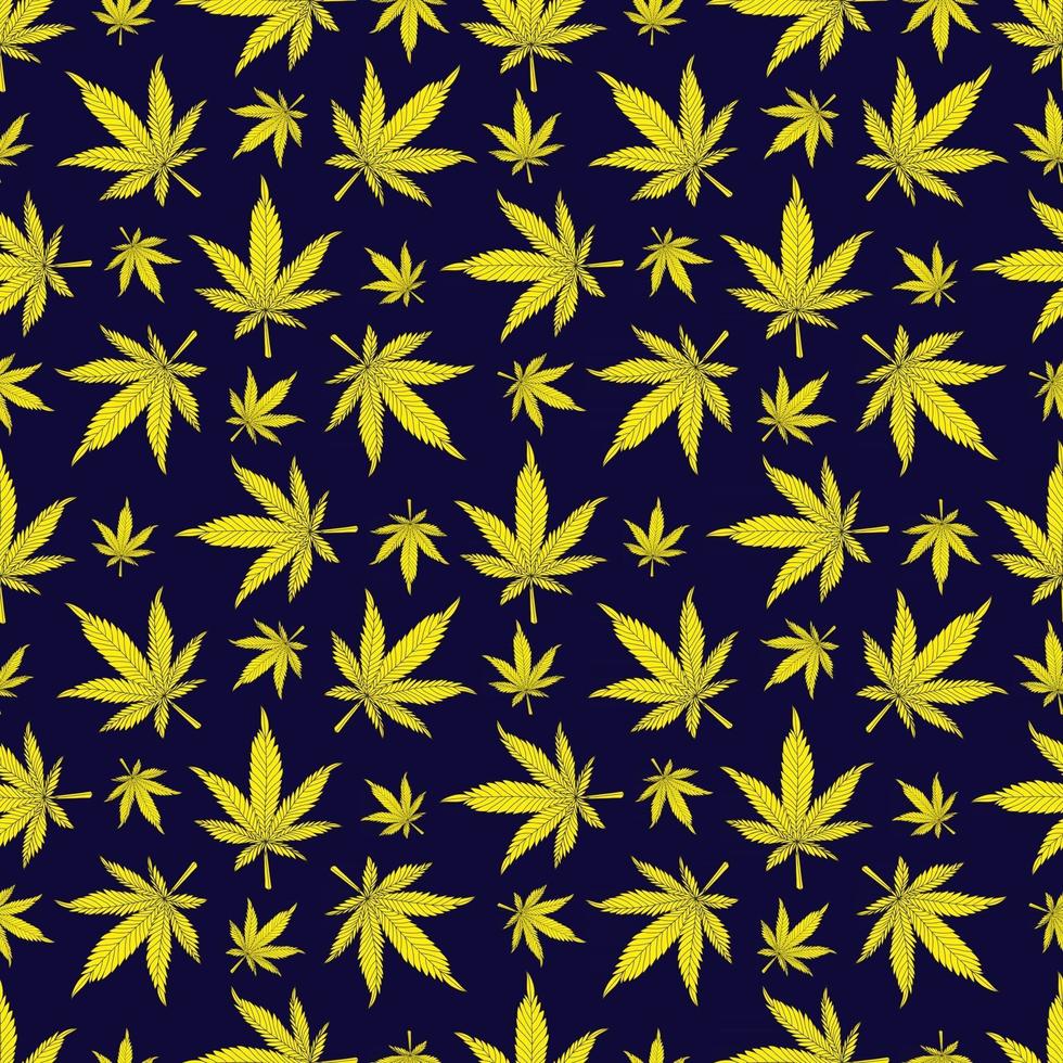 Cannabis seamless pattern. Yellow hemp leaves on a black background. Marijuana pattern vector illustration