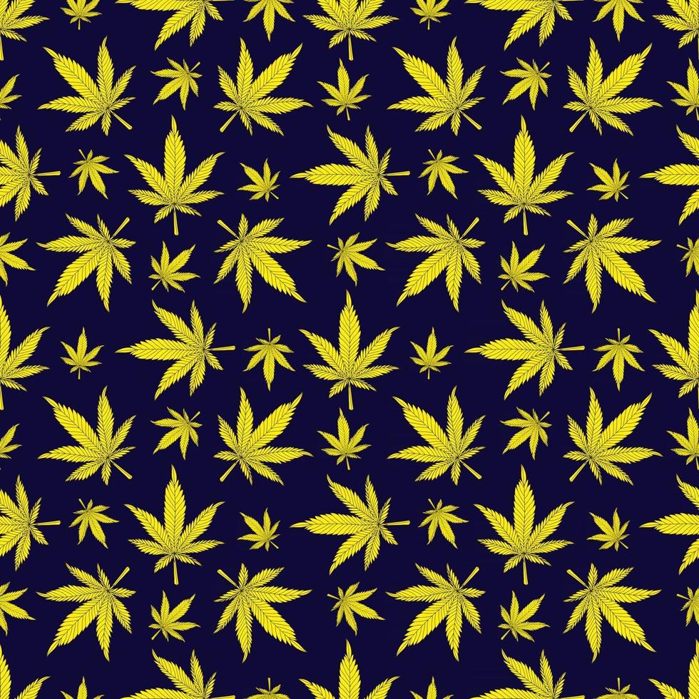 Cannabis seamless pattern. Yellow hemp leaves on a black background. Marijuana pattern vector illustration