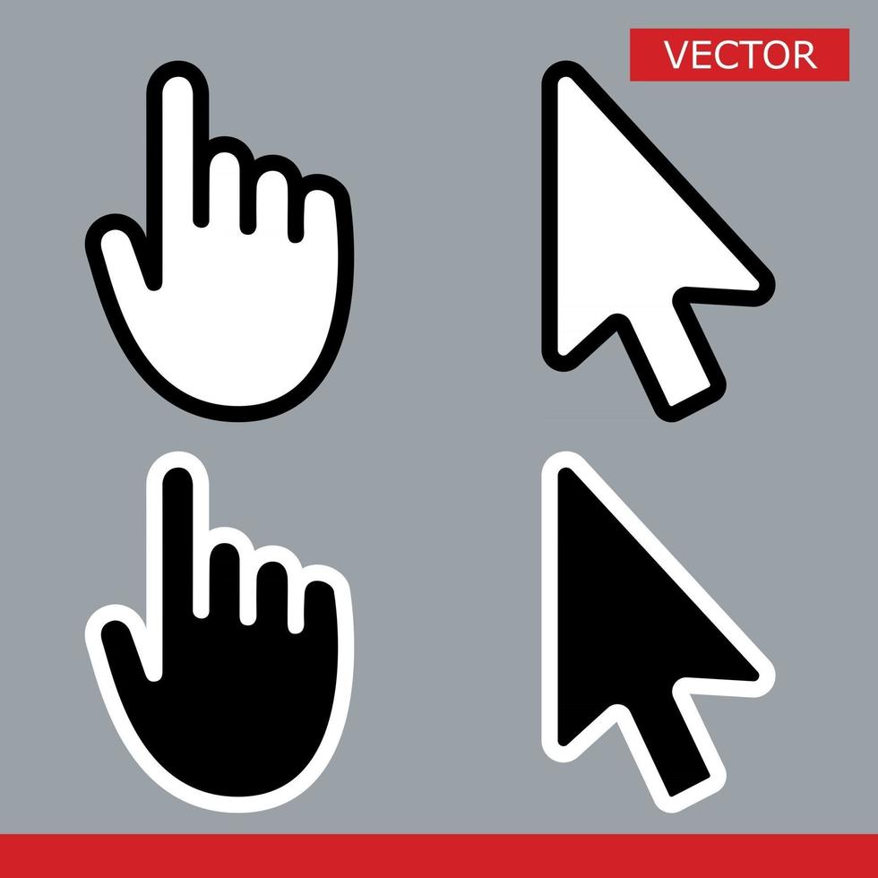 White and black arrow cursors and hand cursors icons signs with rounded angles flat style design vector illustration isolated on gray background