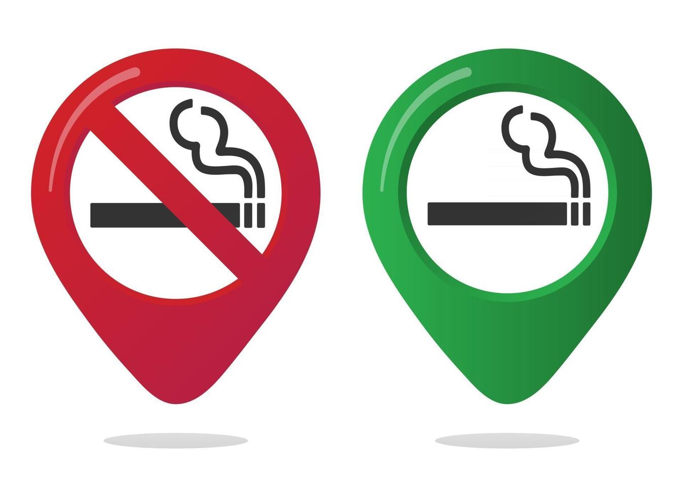 No smoking and smoking area marker map pin icon sign set with flat design gradient styled cigarette in the forbidden red circle. Symbol of the smoking area in the map apps isolated on white background vector