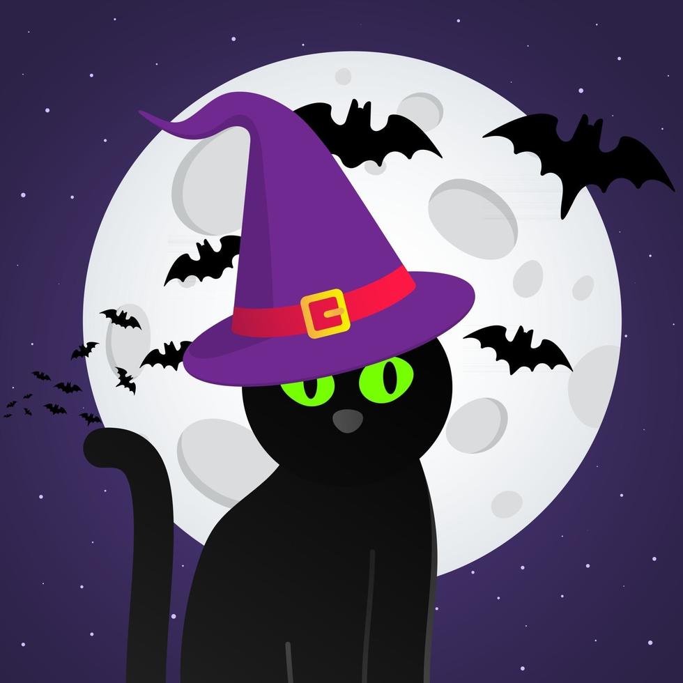 Happy Halloween text postcard banner with witch cat, hat, bats, big moon vector