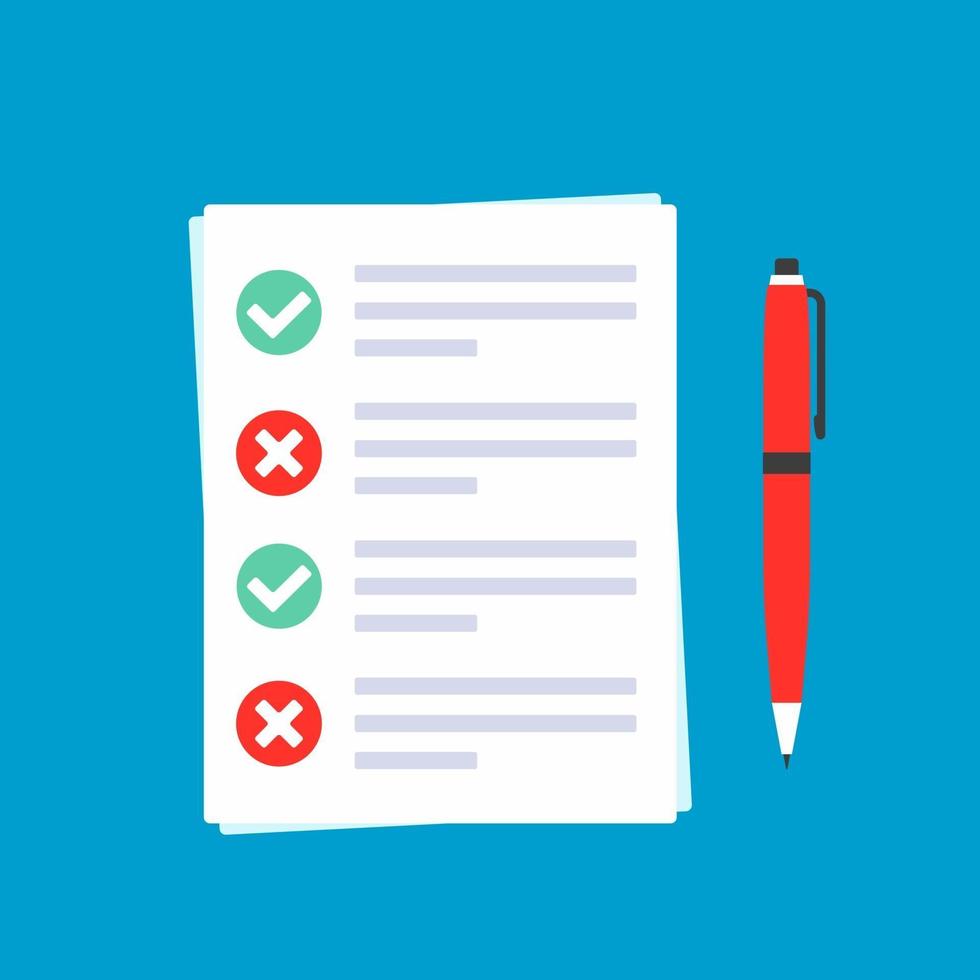 Papers with claim form on it, paper sheets, check marks tick OK and crosses X in the circle on the list, red pen isolated on light blue background flat style vector illustration