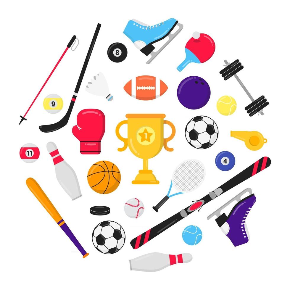 Composición de juegos deportivos con pelotas: fútbol, fútbol, baloncesto. trofeo copa copa de tenis y raqueta de ping pong alrededor. Ilustración de vector de diseño de estilo plano de equipamiento deportivo aislado en blanco.