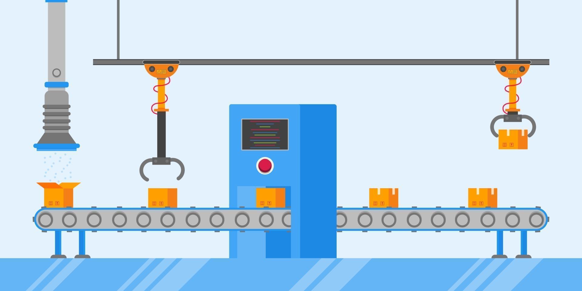 Concepto de ilustración de vector de diseño de estilo plano de línea de montaje de tecnología y industria inteligente 4.0. cinta transportadora de producción con línea de producción de fábrica con brazos robóticos, cajas de cartón y línea automatizada