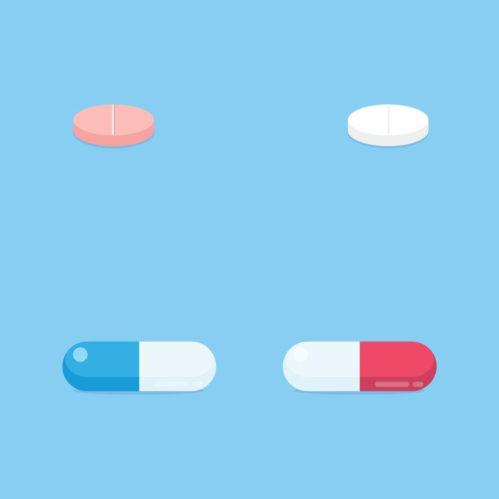 Drug pills and tablet flat style design vector illustration set isolated on light blue background icon sign. Medical capsule painkiller cure treatment.