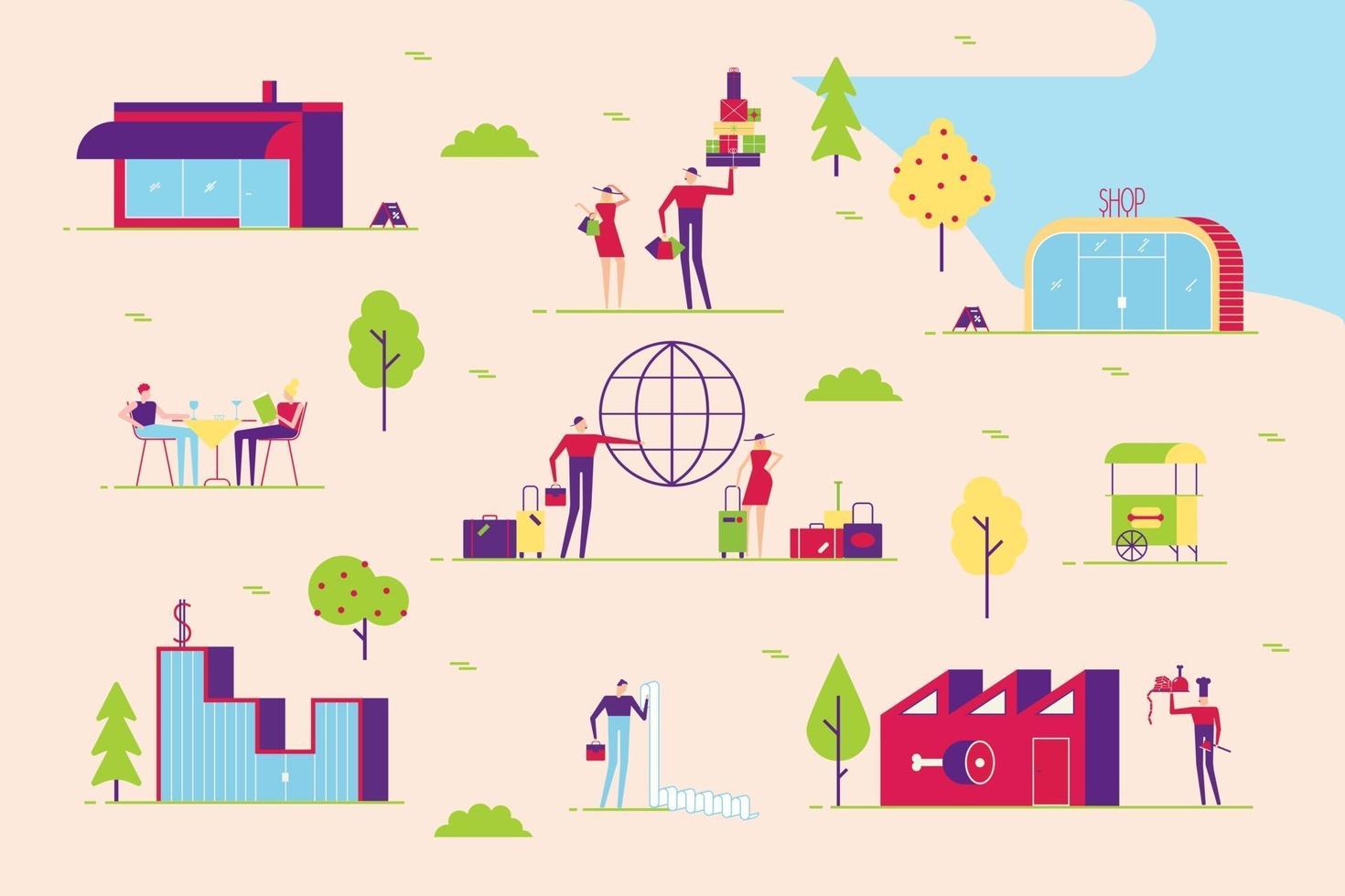 minimal Couple man and woman walk in various places to go. Shopping, leisure, cafe, taxes, travel, business and other. With buildings and trees minimal abstract flat style vector illustration in the park.