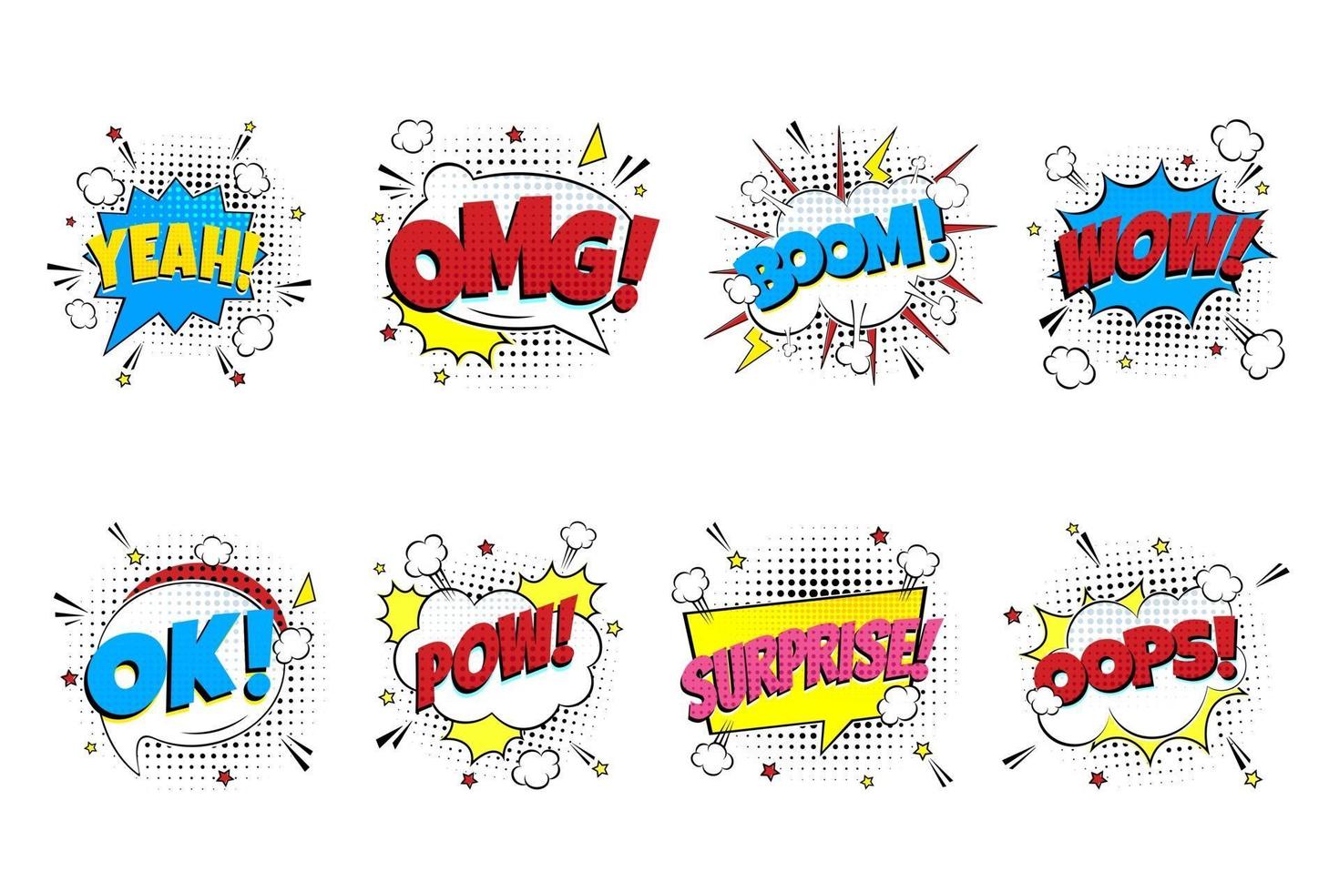 Comic lettering set. YEAH, OMG, BOOM, WOW, OK, POW, SURPRISE, OOPS in the speech bubbles comic style flat design. Dynamic pop art illustration isolated on white background. Exclamation concept vector